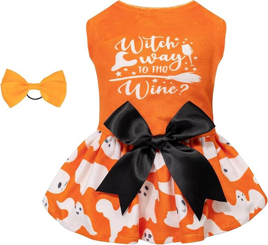 CuteBone Dog Dresses Velvet Holiday Small Dogs Clothes Onesie Pet Apparel Girl Puppy Skirt with Bow Hair Rope CVA25XS-D