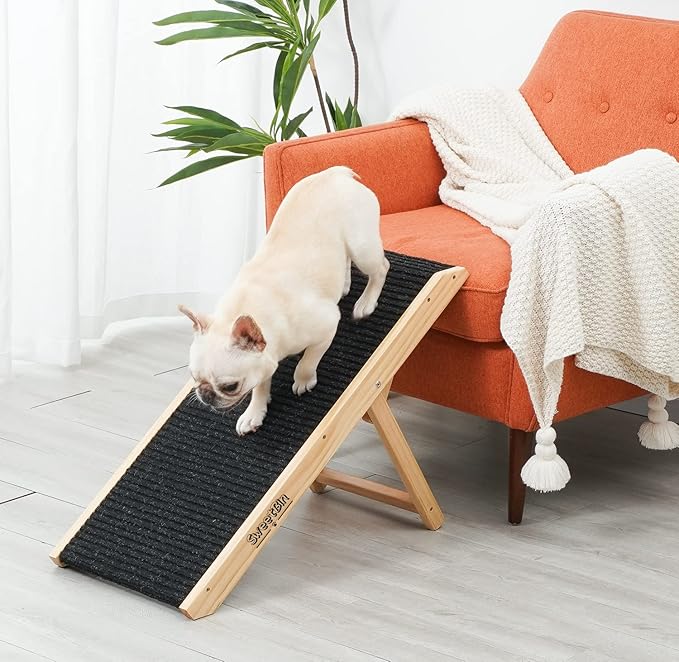 18" Tall Adjustable Pet Ramp - Small Dog Use Only - Wooden Folding Portable Dog & Cat Ramp Perfect for Couch or Bed with Non Slip Carpet Surface - 4 Levels Height Adjustable Up to 90Lbs