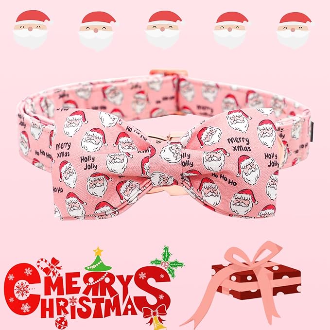 Lionheart glory Christmas Dog Collar, Pink Dog Bow Collar Adjustable Soft and Comfortable Bowtie Collars for Small Dogs Girl or Boy Pet Gift Fall Collar Dog Bow