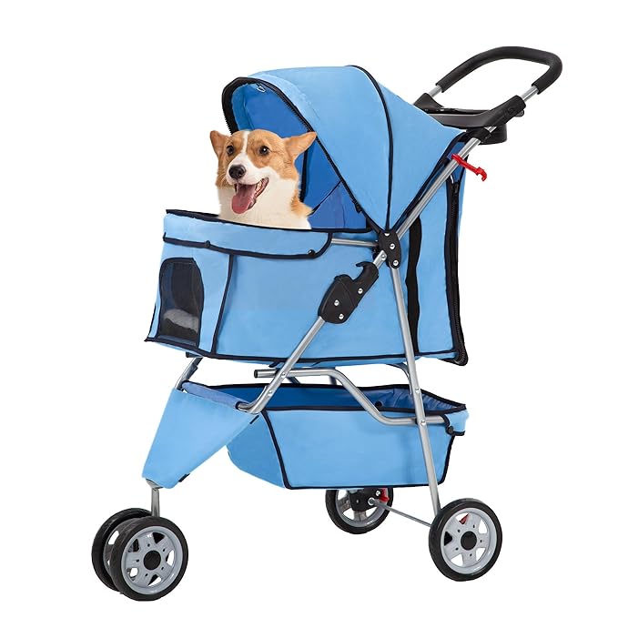 FDW Pet Stroller Foldable Dog Stroller 3-Wheel Durable Cat Jogger Stroller for Small and Medium Dogs Cats with Washable Liner Storage Basket Cup Holder