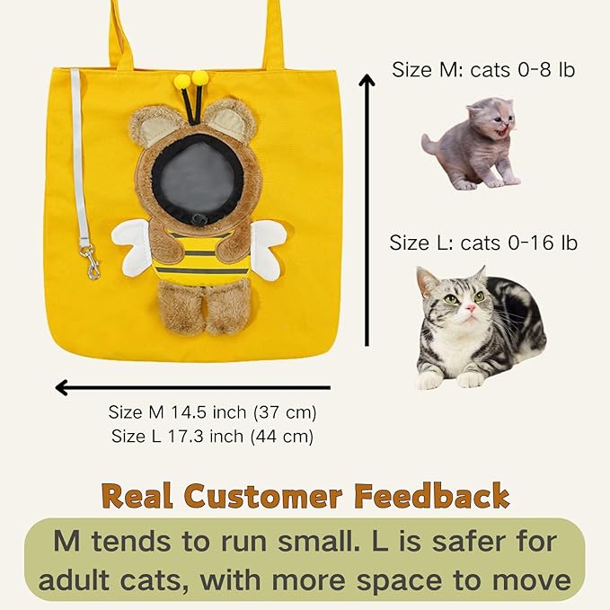 Cat Out Bag, Cute Cozy Cartoon Hands Free Show Head Cat Sling Carrier, Cat Restrainer Shoulder Bag for Outdoor Travel (Bee, Large)