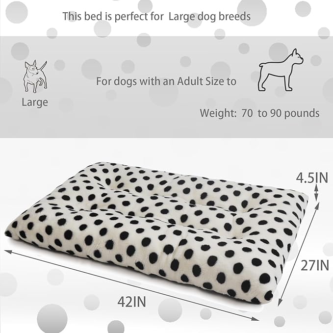 42x28 Dog Crate Bed for Large Dogs - Large Dog Bed Washable, Soft and Durable Cushion, Great for Dogs Up to 75 lbs - 42 Inch Dog Crate Bed, White with Black Dots