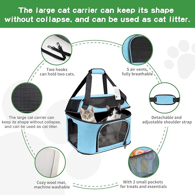 Large Cat Carrier for 2 Cats, Oeko-TEX Certified Soft Side Pet Carrier for Cat, Small Dog, Collapsible Travel Small Dog Carrier, TSA Airline Approved Cat Carrier for Large Cats 20 lbs, Blue