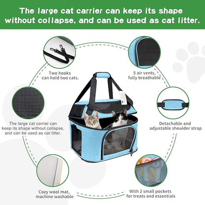 Large Cat Carrier for 2 Cats, Oeko-TEX Certified Soft Side Pet Carrier for Cat, Small Dog, Collapsible Travel Small Dog Carrier, TSA Airline Approved Cat Carrier for Large Cats 20 lbs, Blue