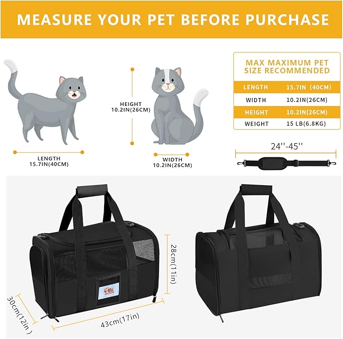 Pet Carrier - Airline Approved for Small Dogs, Kittens, Cats Under 15lb - Collapsible Soft Sided TSA Cat Travel Carrier - Black