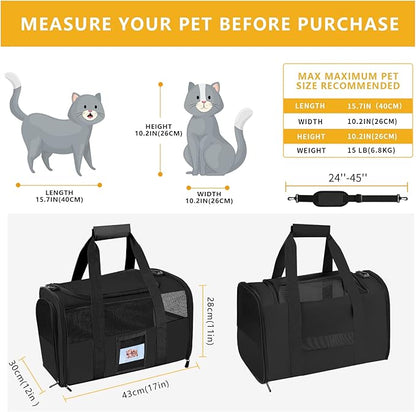 Pet Carrier - Airline Approved for Small Dogs, Kittens, Cats Under 15lb - Collapsible Soft Sided TSA Cat Travel Carrier - Black