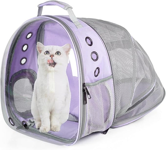 Cat Backpack Carrier Expandable Ventilate Transparent Pet Dog Backpack for Large Cats Hiking, Travel, Outdoor, Airline-Approved Space Capsule Backpack (Purple)