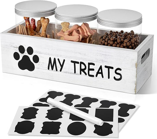 Dog Treat Container for Countertop - Dog Food Storage with 3 Jars - Pet Food Organizer For Puppy - Airtight White Wooden Dog Treat Storage With Lids - Great Gift for Pet Dog Owners