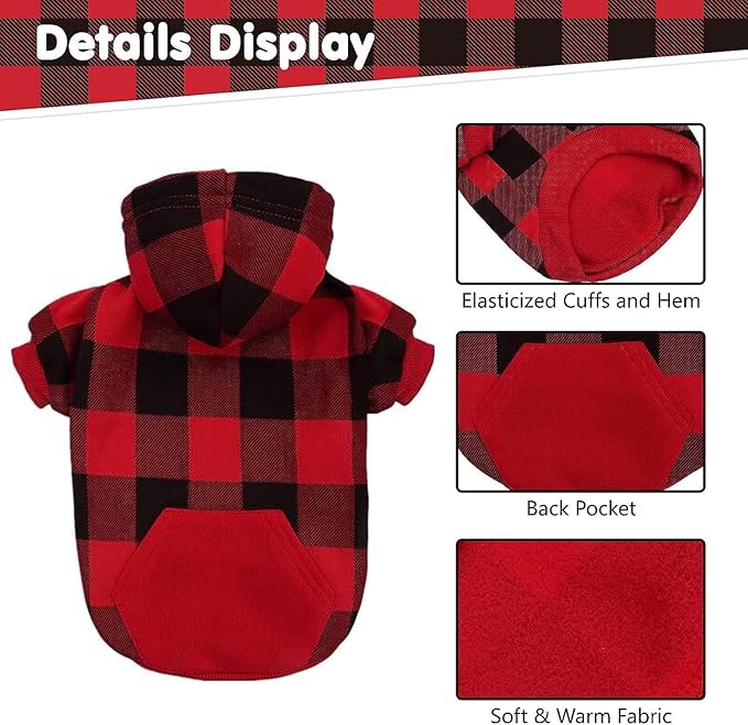 KOOLTAIL Plaid Dog Hoodie Pet Clothes Sweater with Hat and Pocket for Small Medium Large Size Dogs
