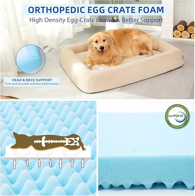 pettycare Orthopedic Dog Bed for Large Dogs Waterproof Pet Bed Soft Sofa with Two Fabrics Washable Removable Cover Egg Foam Support Anti-Slip Bottom Extra Head and Neck Support Sleeper