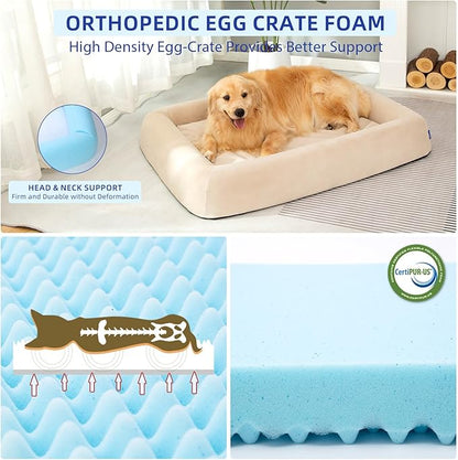 pettycare Orthopedic Dog Bed for Large Dogs Waterproof Pet Bed Soft Sofa with Two Fabrics Washable Removable Cover Egg Foam Support Anti-Slip Bottom Extra Head and Neck Support Sleeper