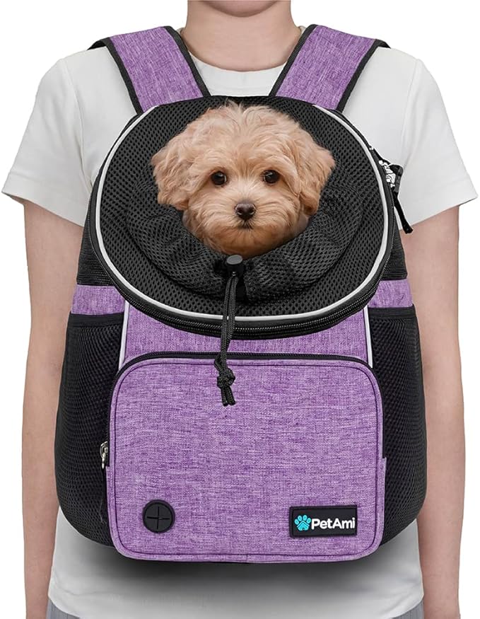 PetAmi Dog Front Carrier Backpack, Adjustable Dog Pet Cat Chest Carrier Backpack, Ventilated Dog Carrier for Hiking Camping Travel, Small Medium Dog Puppy Large Cat Carrying Bag, Max 10 lbs, Purple