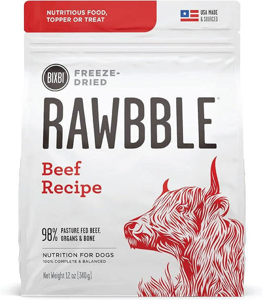 BIXBI Rawbble Freeze Dried Dog Food, Beef Recipe, 12 oz - 98% Meat and Organs, No Fillers - Pantry-Friendly Raw Dog Food for Meal, Treat or Food Topper - USA Made in Small Batches