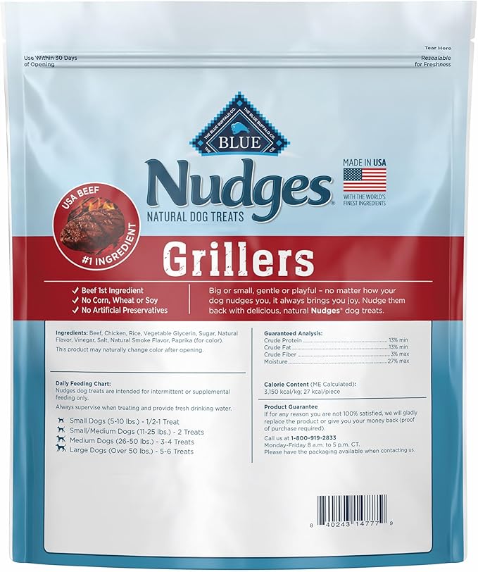 Blue Buffalo Nudges Grillers Natural Dog Treats with Real USA Beef, Made in the USA, Steak, 36-oz. Bag