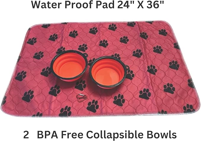 Talk to the Paw - Dog Backpack - Dog Supply Organizer with Blanket, Collaspable Bowls and Food Canister - Weekend Pet Travel - Pet Travel Airline Compliant (red blanket, paw prints)