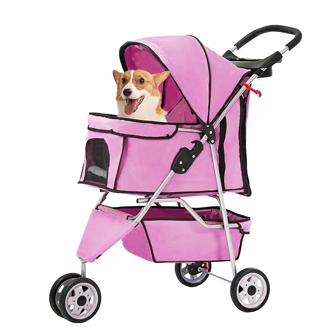 FDW Pet Stroller Foldable Dog Stroller 3-Wheel Durable Cat Jogger Stroller for Small and Medium Dogs Cats with Washable Liner Storage Basket Cup Holder