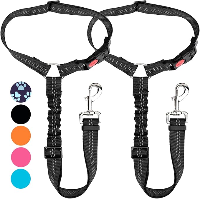 Lukovee Dog Car Seat Belt, 2 Pack Headrest Restraint Seatbelt, Adjustable Pet Safety Leads with Reflective Elastic Bungee for Dog Harness Collar Travel Daily Use (Black,Headrest)