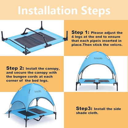 S/M/L Outdoor Elevated Dog Cot with Canopy & Side Shade for Camping Small Medium Dogs (Carry Bag)