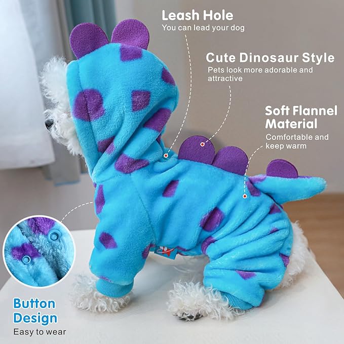 Idepet Halloween Dog Costume Dinosaur Clothes for Small Dogs,Fleece Winter Puppy Hoodies with Leash Ring Pet Cold Weather Coat Funny Outfits Party Apparel for Halloween Christmas (Blue, X-Large)