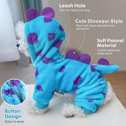 Idepet Halloween Dog Costume Dinosaur Clothes for Small Dogs,Fleece Winter Puppy Hoodies with Leash Ring Pet Cold Weather Coat Funny Outfits Party Apparel for Halloween Christmas (Blue, X-Large)