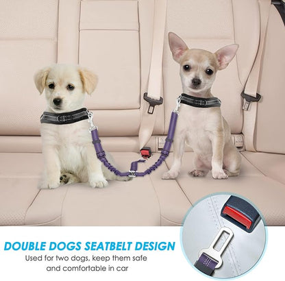 SlowTon Dog Seat Belt, Double Dog Seatbelt Adjustable Vehicle Safety Leash with Elastic Bungee Buffer, Reflective No Tangle Y Shape Two Dog Harness Seat Belt Splitter for Pets Car Trip (Purple, S)