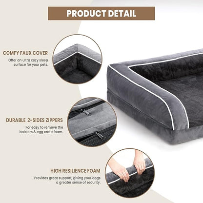 XXL Dog Bed, Dark Grey Washable Dog Bed Sofa with Removable Cover, Waterproof Dog Bed Couch with Nonslip Bottom, High Bolster Dog Bed, Orthopedic Large Dog Bed up to 150 lbs