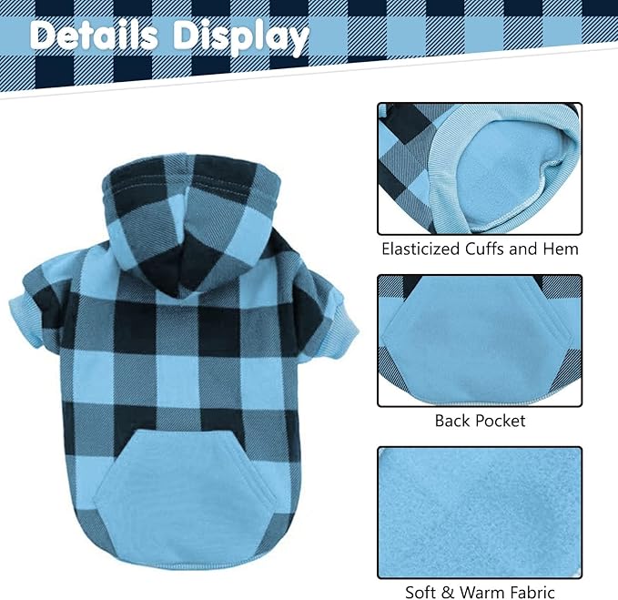 KOOLTAIL Plaid Dog Hoodie Pet Clothes Sweater with Hat and Pocket for Small Medium Large Size Dogs