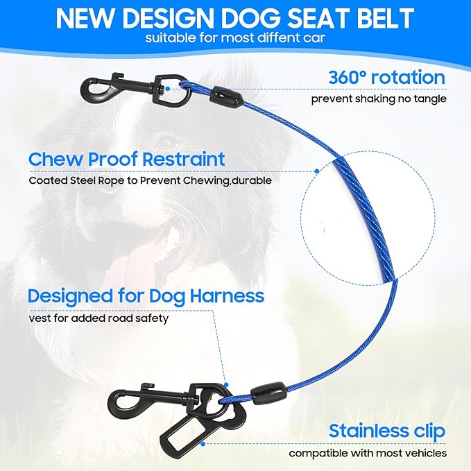 Dog Car Harnesses, Dog Seatbelt of Coated Wire Leash Safety Restraint, No Chew Tether Cable Vehicle Dog Accessories, Double Clips & Latch Attachment (Blue, 24 inch/60 cm)