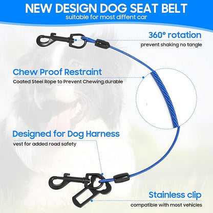 Dog Car Harnesses, Dog Seatbelt of Coated Wire Leash Safety Restraint, No Chew Tether Cable Vehicle Dog Accessories, Double Clips & Latch Attachment (Blue, 24 inch/60 cm)