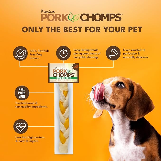 Pork Chomps Roasted Pork Skin Dog Chew, 8-inch Braid, Peanut Butter Flavor, 1 Count