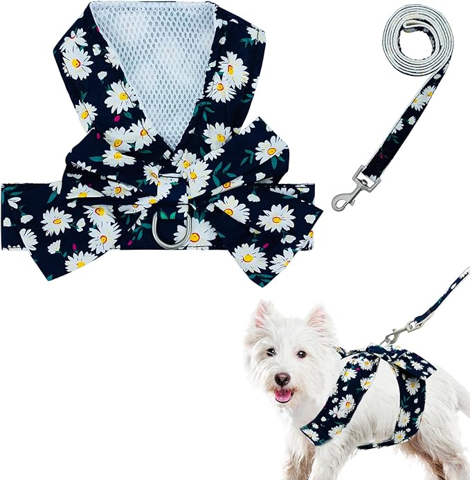 Dog Harness Vest Set for Small Girl Dogs with D-Ring Soft Comfortable Mesh Dog Harness Vest Pet Daisy Floral Bow Tie for Small Medium Large Dogs (Dark blue, S)