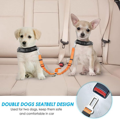 SlowTon Dog Seat Belt, Double Dog Seatbelt Adjustable Vehicle Safety Leash with Elastic Bungee Buffer, Reflective No Tangle Y Shape Two Dog Harness Seat Belt Splitter for Pets Car Trip (Orange, S)