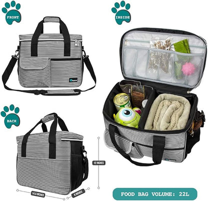 PetAmi Dog Travel Bag, Travel Pet Bag Organizer, Dog Food Travel Bag with Food Container and Bowls, Dog Travel Supplies Gift Accessories for Weekend Camping, Dog Cat Diaper Bag (Stripe Black, Medium)