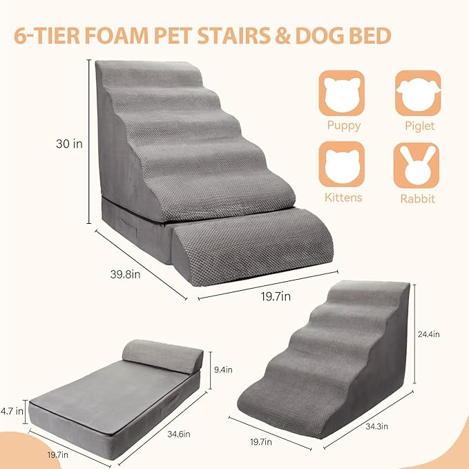 30 inch Foam Dog Stairs for High Beds, Extra Wide 6 Tier Pet Stairs/Steps for Beds up to 30-36 inches High, Non-Slip Sturdy Dog Ramps for Puppies, Injured Pets, and Small Animals