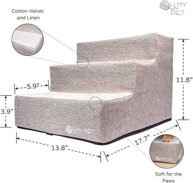 3-Step Pet Stairs for Small Dogs and Cats, Portable Ramp Stairs for Couch, Sofa, High Bed Climbing, Non-Slip Balanced Step Support, Paw Safe, Elegant, Easy to Assemble (Dark & Light Gray)