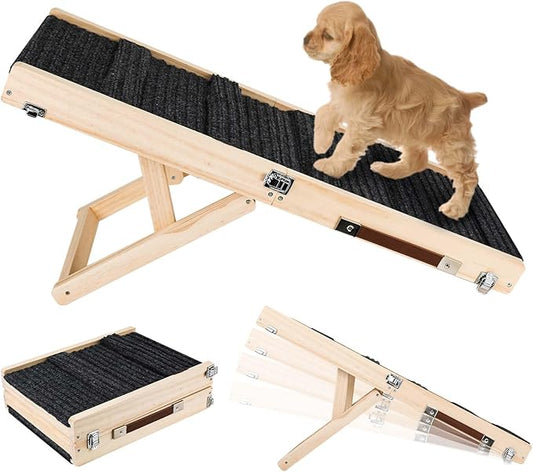 Adjustable Dog Ramp for Small Dogs, Portable Folding Pet Ramp Ladder, Non-Skid Dog Stairs Mat, Adjustable from 10" to 19" High, Wooden Cat Ramps for Couch Car High Beds (30 lbs Rated Weight)