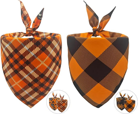 2PCS Fall Dog Bandanas,Thanksgiving Dog Scarf,Triangle Reversible Pet Outfit for Boys and Girls' Dogs,Pumpkin and Spider Web Bibs,Orange Plaid Halloween Dog Bandana for Medium to Large Dogs