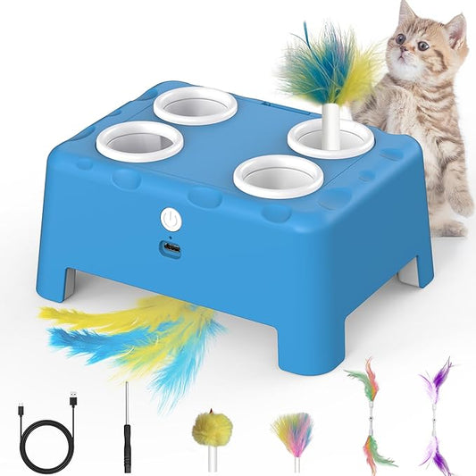 Interactive Cat Toys, 2-in-1 Automatic Cat Toy, 4 Holes Mice Whack A Mole Cat Mouse Toy with Moving Feather, Portable USB Rechargeable Electronic Kitten Toys (Blue)