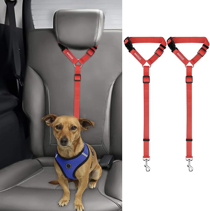 BWOGUE 2 Packs Dog Cat Safety Seat Belt Strap Car Headrest Restraint Adjustable Nylon Fabric Dog Restraints Vehicle Seatbelts Harness