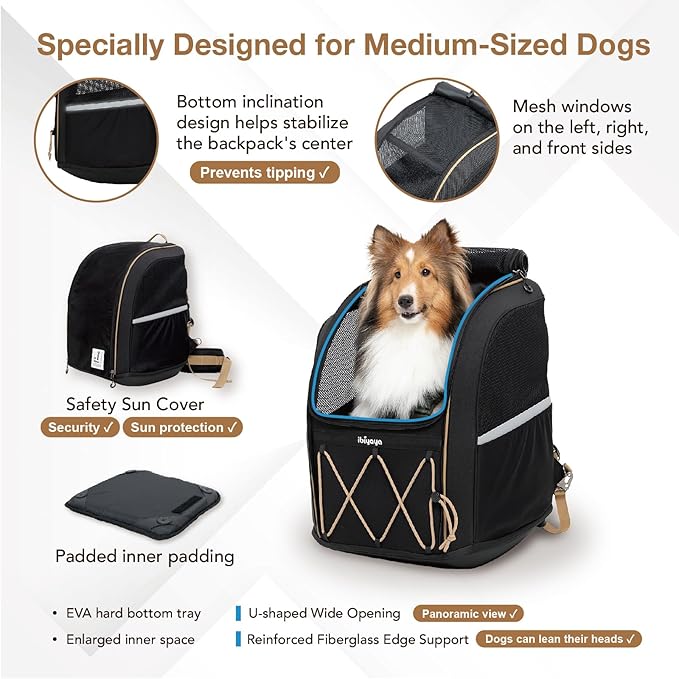 ibiyaya - Pet Carrier for Medium and Large Dogs - Champion 3-in-1 Large Dog Backpack Carrier with Water Resistant Fabric, Extra Storage, and Minimalist Folding and Storage - Jet Black