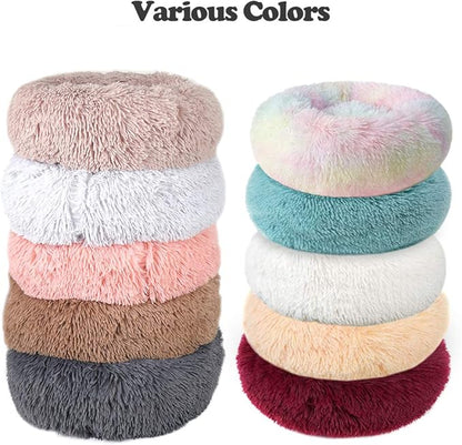 otoez Kitten Puppy Bed Small Round Dog Cat Beds Anti Anxiety Plush Pet Calming Donut Bed with Non-Slip Waterproof Bottom (19.7", White)