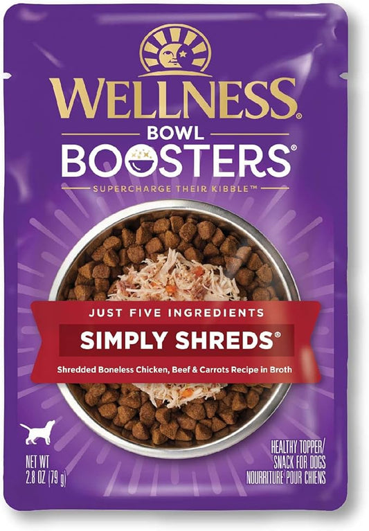 Wellness Bowl Boosters Simply Shreds Natural Grain Free Wet Dog Food Mixer or Topper, Chicken, Beef & Carrots, 2.8-Ounce Pouch(Pack of 12)