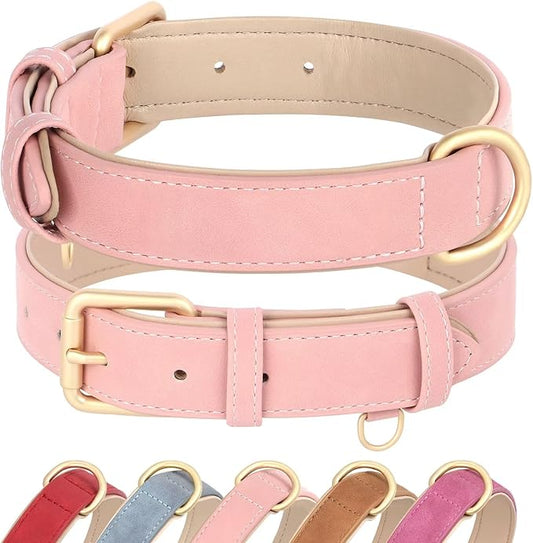 Didog Soft Padded Leather Dog Collar, Adjustable Pink Dog Collar for Large Dogs, Heavy Duty Dog Largr Collar Leather with Metal Buckle and D Ring,Pink,XL