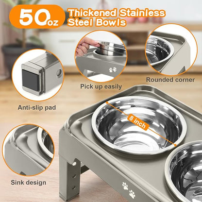 Elevated Dog Bowls, 4 Height Adjustable Raised Dog Bowl Stand with 2 Thick 50oz Stainless Steel Dog Food Bowls Non-Slip Dog Feeder for Dogs Adjusts to 3.7", 9.2", 10.75", 12.36" Light Brownish Gray