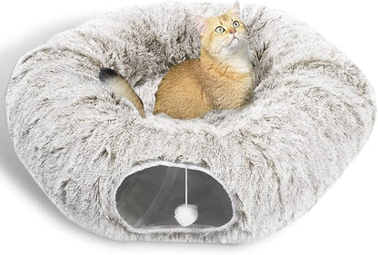 AUOON Cat Tunnel Bed with Central Mat,Big Tube Playground Toys,Soft Plush Material,Full Moon Shape for Kitten,Cat,Puppy,Rabbit,Ferret (Khaki)