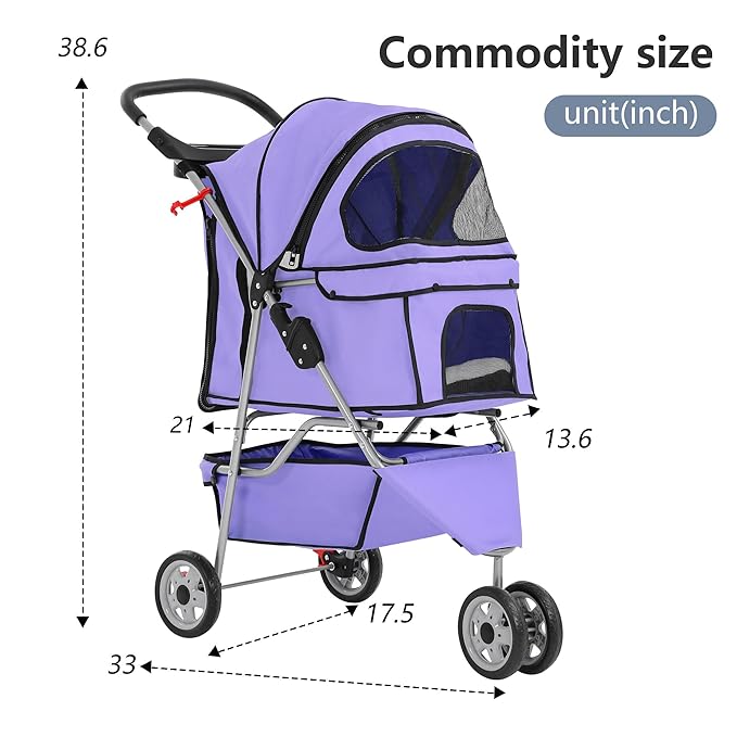 FDW Pet Stroller Foldable Dog Stroller 3-Wheel Durable Cat Jogger Stroller for Small and Medium Dogs Cats with Washable Liner Storage Basket Cup Holder