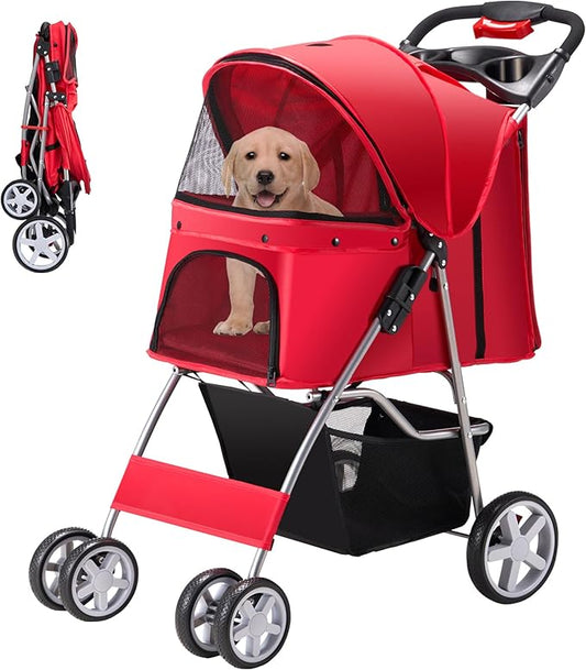 Pet Stroller 4 Wheels Dog Cat Stroller for Medium Small Dogs Cats, Folding Cat Jogger Stroller with Storage Basket & Breathable Mesh, Easy to Walk Travel Carrier, Red