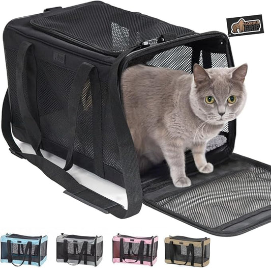 Gorilla Grip Airline Travel Cat Carrier Bag Up to 15 Lbs, Breathable Mesh Collapsible Pet Carriers for Small, Medium Cats, Small Dogs, Puppies, Portable Kennel with Soft Washable Waterproof Pad, Black