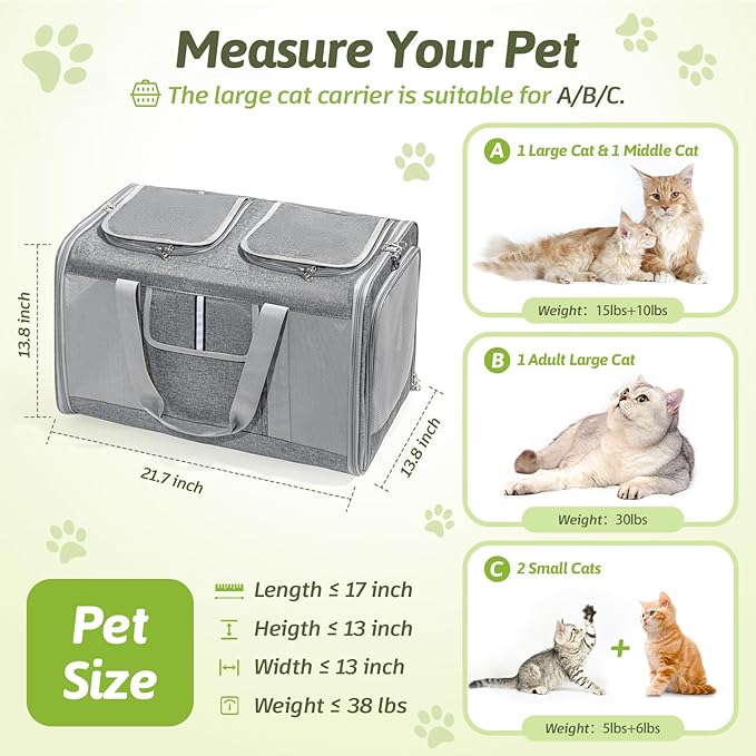 Sedioso Large Cat Carrier for 2 Cats, 21.7x 13.8x 13.8in Pet Carrier for Cat and Dog Up to 38lbs, All-Sided Mesh Cat Carrier with Great Ventilation, Portable Soft Sided Pet Carrier for Traveling(Grey)