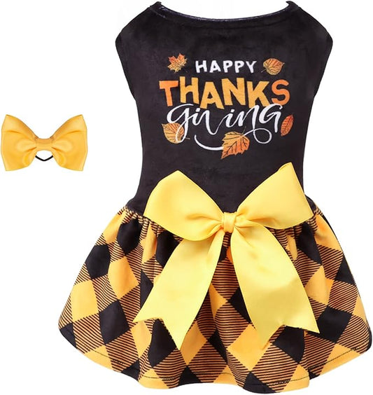 CuteBone Happy Thanksgiving Day Dog Dress Velvet for Small Dogs Girl Puppy Dresses Yellow Plaid Dog Clothes CVA03XXS-D